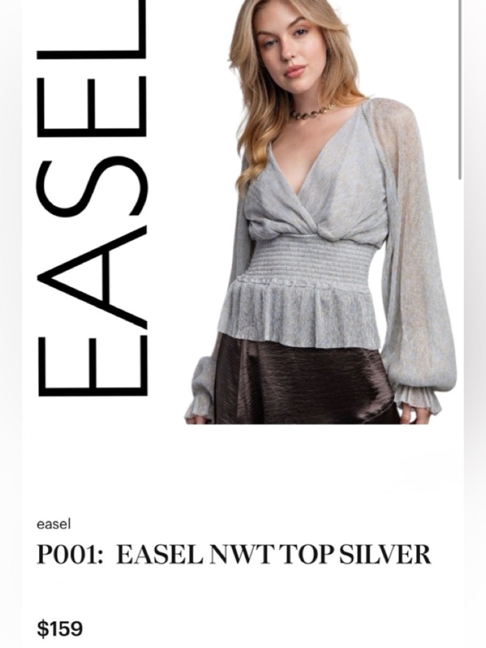 Easel NWT Silver Shimmery Faux Wrap Peplum Top size Large